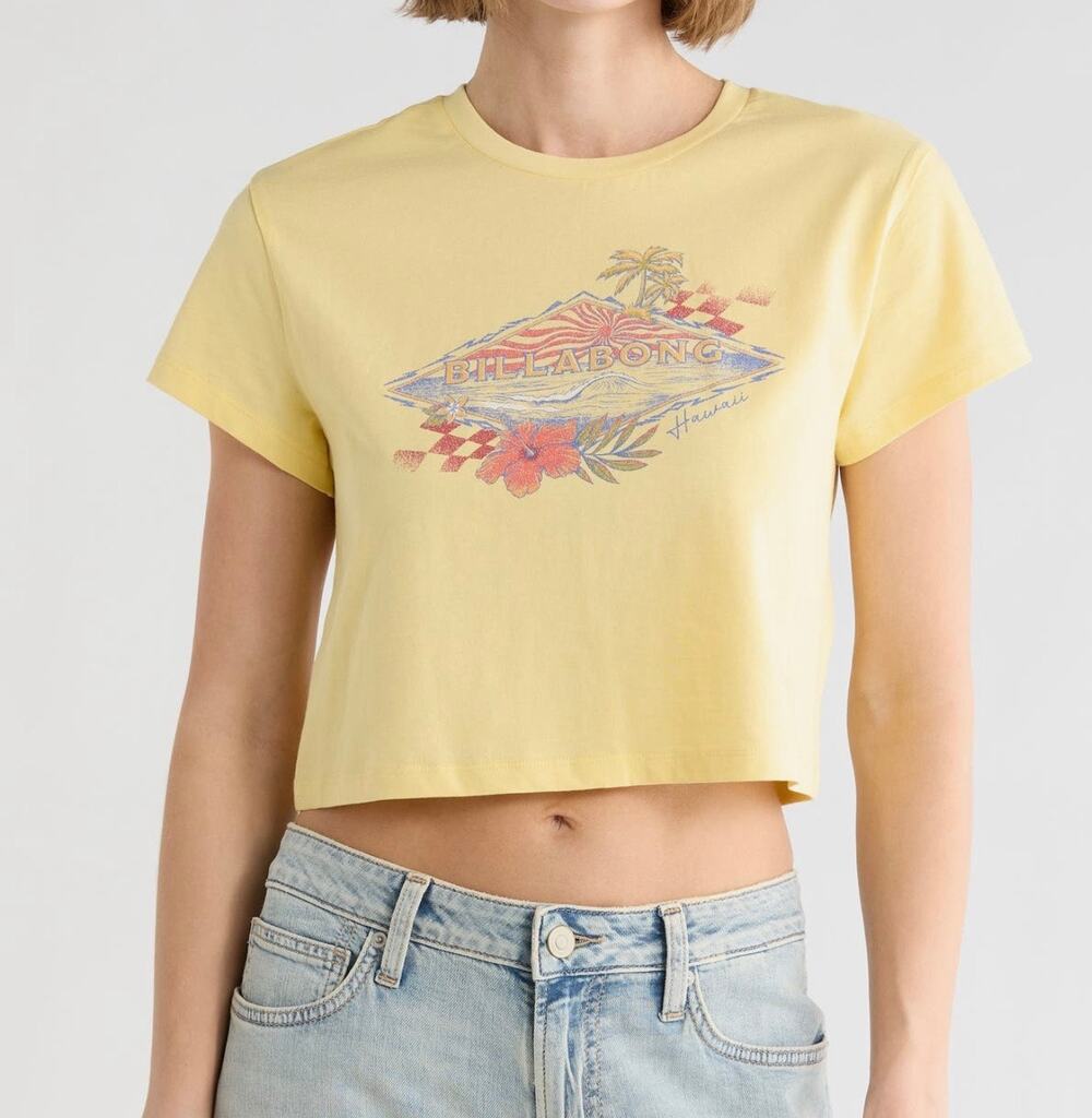 Billabong Surfing Solo Cropped Tee Retro Yellow Graphic T-Shirt NWT Large
